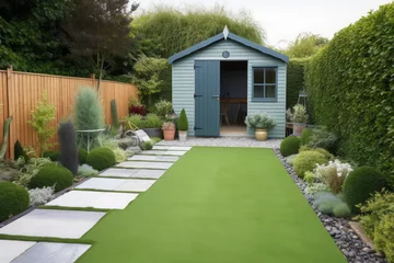 Fotobehang A general view of a back garden with artificial grass, grey paving slab patio, flower bed with plants, timber fences, blue shed, summer house garden timber outbuilding © Kien