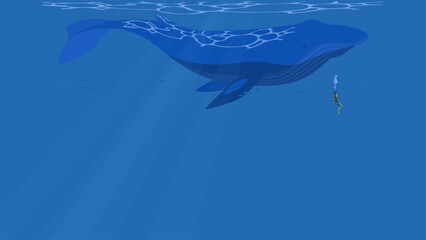 Vector illustration of a blue whale swimming underwater with a diver. Blue sea banner background with copy space.