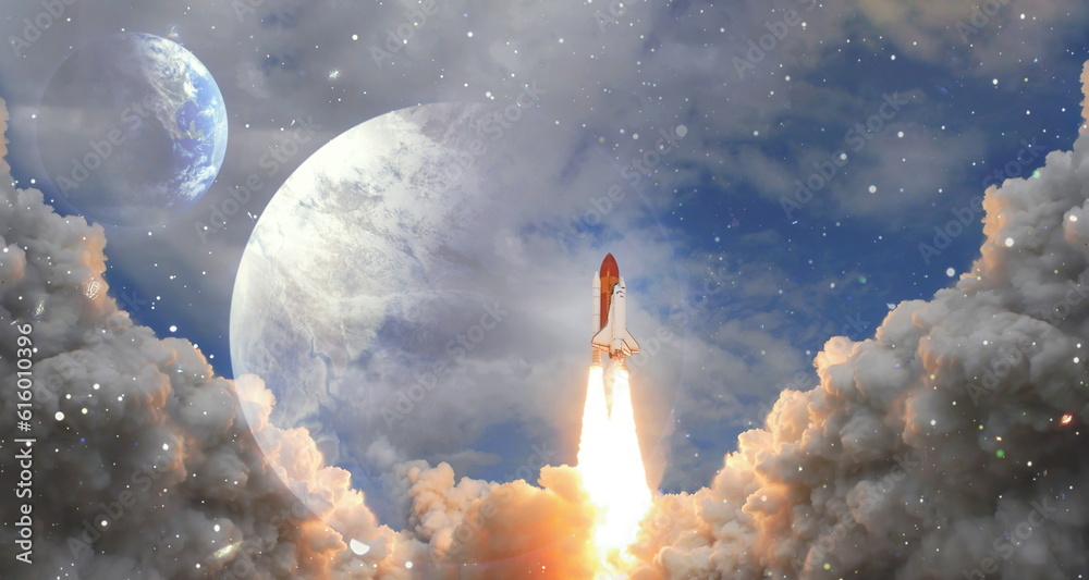Wall mural rockets launch into space on the starry sky. spacecraft flies into space with clouds of smoke. eleme