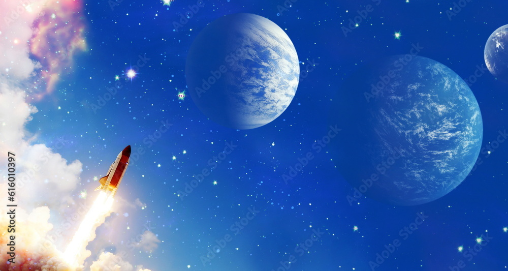 Wall mural rockets launch into space on the starry sky. spacecraft flies into space with clouds of smoke. eleme