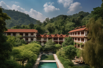 Fototapeta na wymiar Splendid hotel, nestled amidst a picturesque landscape, offering breathtaking views of the surrounding mountains and lush forests. Exterior view with swimming pool