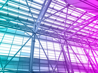 Fototapeta premium Lights and ventilation system in long line on ceiling of the industrial building. Exhibition Hall. Ceiling factory construction