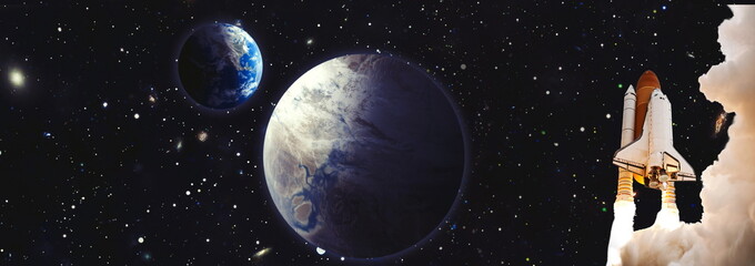 Shuttle launch in the clouds to outer space. Dark space with stars on background.Spaceship flight. Elements of this image furnished by NASA