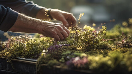 Fototapeta premium a person's hand picking plants from a planter's tray on the roof of their home in seattle, washington