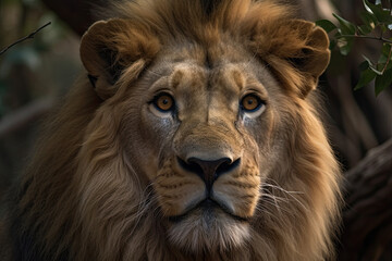 Obraz na płótnie Canvas a lion's face with blue eyes and long manes, looking directly into the camera as if he is staring