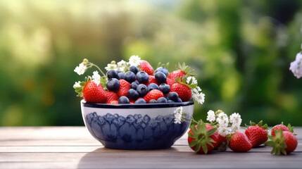 Strawberries and blueberries in a bowl on a small wooden table