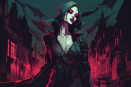 Adorable vampire woman zombie  in hallowwen night. Halloween concept. Post processed AI generated image.