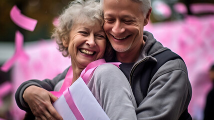 Woman smiling and hugging her husband after receiving a negative mammogram result. Overcoming breast cancer.