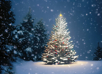 Fototapeta premium Christmas gift and Christmas tree with light and orange brick wall background.