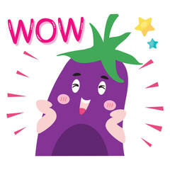 Eggplant cartoon character showing happy greeting with wow lettering, isolated on white background. cute smiley face Flat vector illustration.