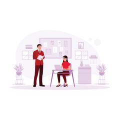 Boss and employee work seriously in office. Trend Modern vector flat illustration.