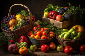 various fruits and vegetables in baskets on a wooden table next to a basket of tomatoes, apples, grapes, and other fruit