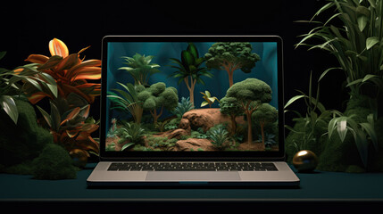 Laptop displaying tropical flowers and forest. Nature and technology theme