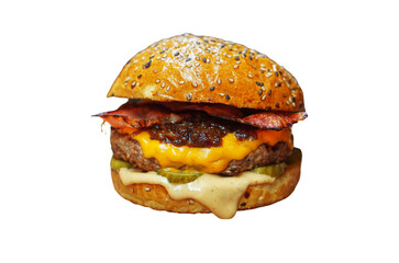 Big fresh burger with rubbish and bacon insulated on white background. Manual beef burger with  crisp bacon and vegetables on a rustic serving board 