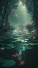 Fototapeta na wymiar Picturesque lotus pond with hazy mist