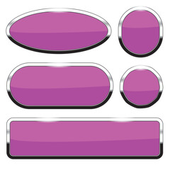 Violet shiny button with metal frame on violet background