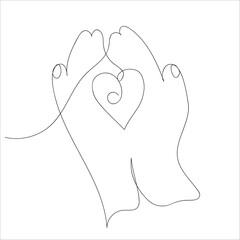 Continuous one line drawing hand holding heart. Vector, illustration, line art.