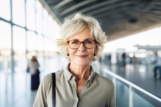 Image of elegant mature blonde woman at airport terminal