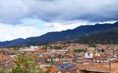 Stunning Townscape of Chachapoyas with Gray Rainy Clouds, Seen from Mirador Luya Urco View Point,...