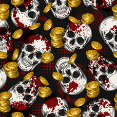 Grunge pattern with human skulls, golden coins, red paint splatter, halftone shapes. Gothic style. Concept of money. For apparel, fabric, textile, surface decoration.