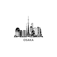 Japan Osaka city landscape skyline panorama abstract silhouette vector banner flat logo, thin line black and white isolated icon