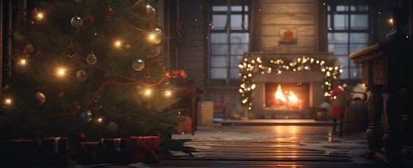 Christmas tree in a classic wooden interior at night