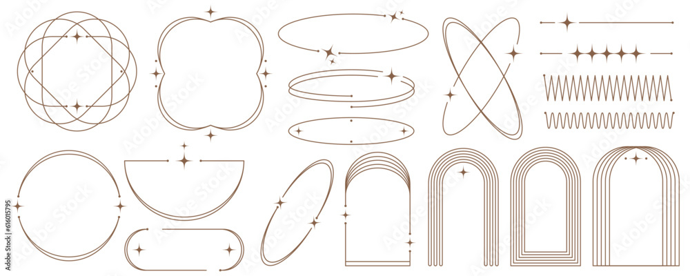 Wall mural aesthetic frame shape. outline minimal graphic elements with stars. abstract boho arches with sparkl