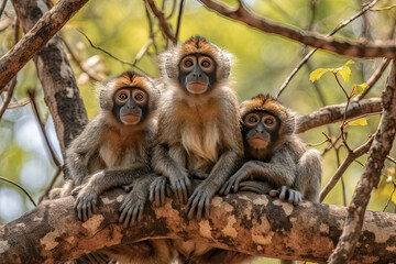 Obraz premium two little monkeys sitting on a tree branch with their heads turned to look at the camera while they are looking into the distance