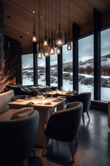 Modern interior space of a vineyard nestled amidst the stunning winter landscapes of Northern Norway. Generative AI
