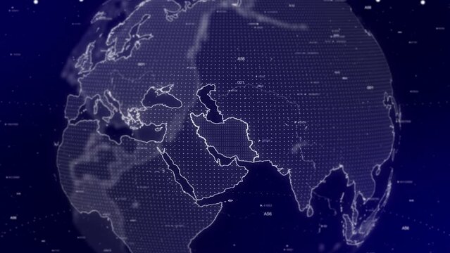 A cinematic video background showcases a digital globe rotating, zooming in on Iran country.Data analysis Technology Globe rotating on Iran Country data analysis technological background