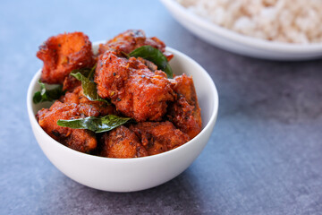 Fried chicken Kebab or Kabab, Chicken Tikka Masala dark black background Bangalore Hyderabad South India. Top view of Indian non veg food.