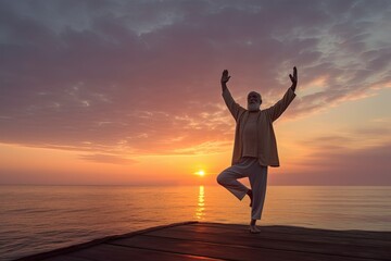 Senior man practicing yoga and meditation on the beach at sunset. Concept of healthy lifestyle, ai generative