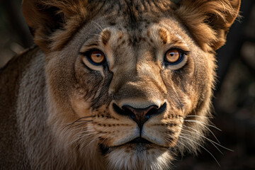 a lion looking at the camera with an intense look on it's face and eyes, taken from behind