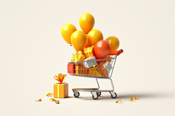 Supermarket cart with yellow and orange balloons and gifts. E commerce. Generative AI. - obrazy, fototapety, plakaty