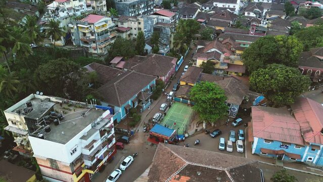 Aerial view of a soccer pitch in the middle of the city of Old Panjim - Old Goa, South India