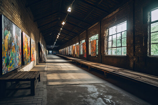 an empty train station with graffiti on the walls and benches in the photo is taken from inside, but no one can see it