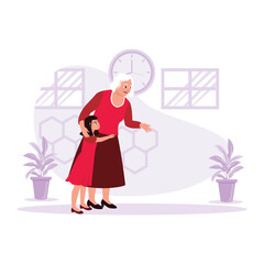 Happy moments of grandma and granddaughter spending time together and warm hugs from granddaughter to grandma. Trend Modern vector flat illustration.
