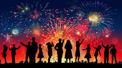 Naklejka na ściany i meble Happy people celebrating new year, fireworks in background, Generative Ai