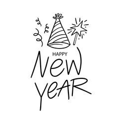 Hand drawn line art sketch style Happy New Year lettering text phrase.