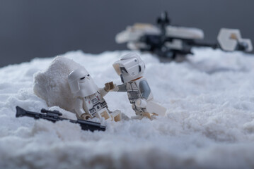 Obraz premium Depok, Indonesia - November 8, 2022: Lego toys photography recreating Star Wars Battle of Hoth Scene of imperial troopers