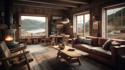 Fototapeta premium A cozy Norwegian cabin. Generative AI