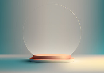 3D realistic empty podium stand with circle transparent glass backdrop minimal wall scene on blue background