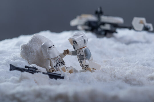 Depok, Indonesia - November 8, 2022: Lego toys photography recreating Star Wars Battle of Hoth Scene of imperial troopers