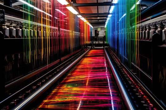 the inside of a subway station with colorful lines on the floor and lights in the tunnel, as seen from above