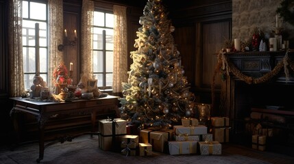 Fototapeta na wymiar Christmas tree in the living room with a large window. 3d render with AI-Generated Images