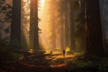Man walking in Redwood Forest in California, United States of America with AI-Generated Images
