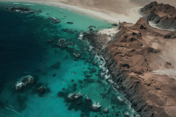 Obraz premium an aerial view of the ocean and beach from above, with rocks in the fore - shot to the right