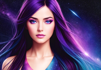 Fototapeta premium A beautiful young woman against the backdrop of a futuristic space of space and galaxies. The concept of unearthly beauty. Generative AI