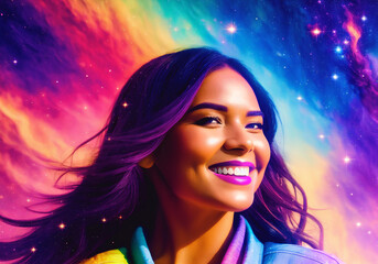 A beautiful young woman against the backdrop of a futuristic space of space and galaxies. The concept of unearthly beauty. Generative AI