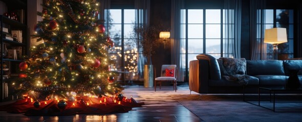 Fototapeta na wymiar Christmas tree in a classic wooden interior at night